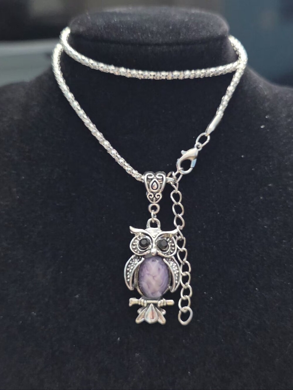 Silver Owl Pendant Necklace with Purple Stone